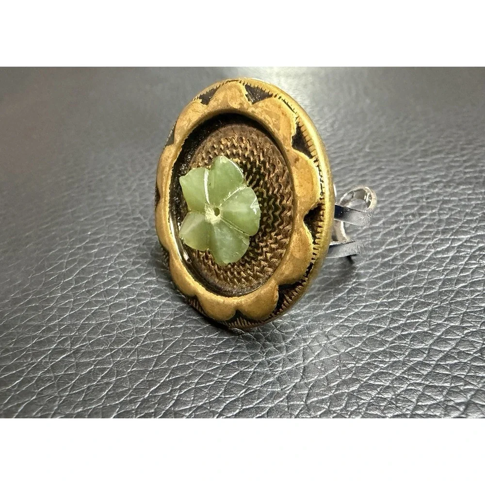 Vintage Button Ring Handmade Statement Brass Jade Green Flower Adjustable Chunky